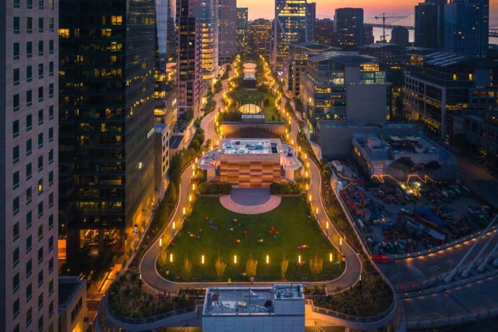 SF's Salesforce Park at sunset