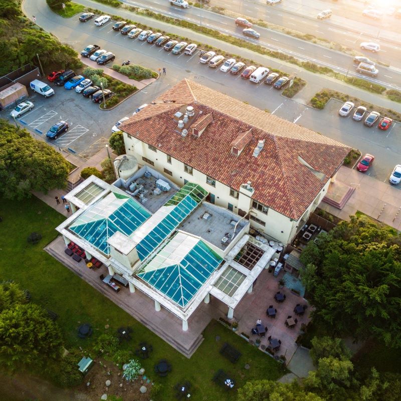 Drone shot of Park Chalet from above showing glass-roofed dining room